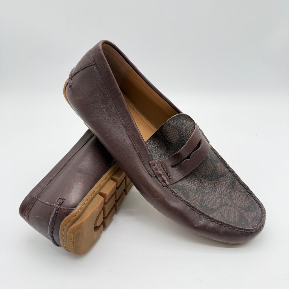 Coach Mens Signature Canvas Leather Penny Driver Loafers Mahogany Brown 11.5